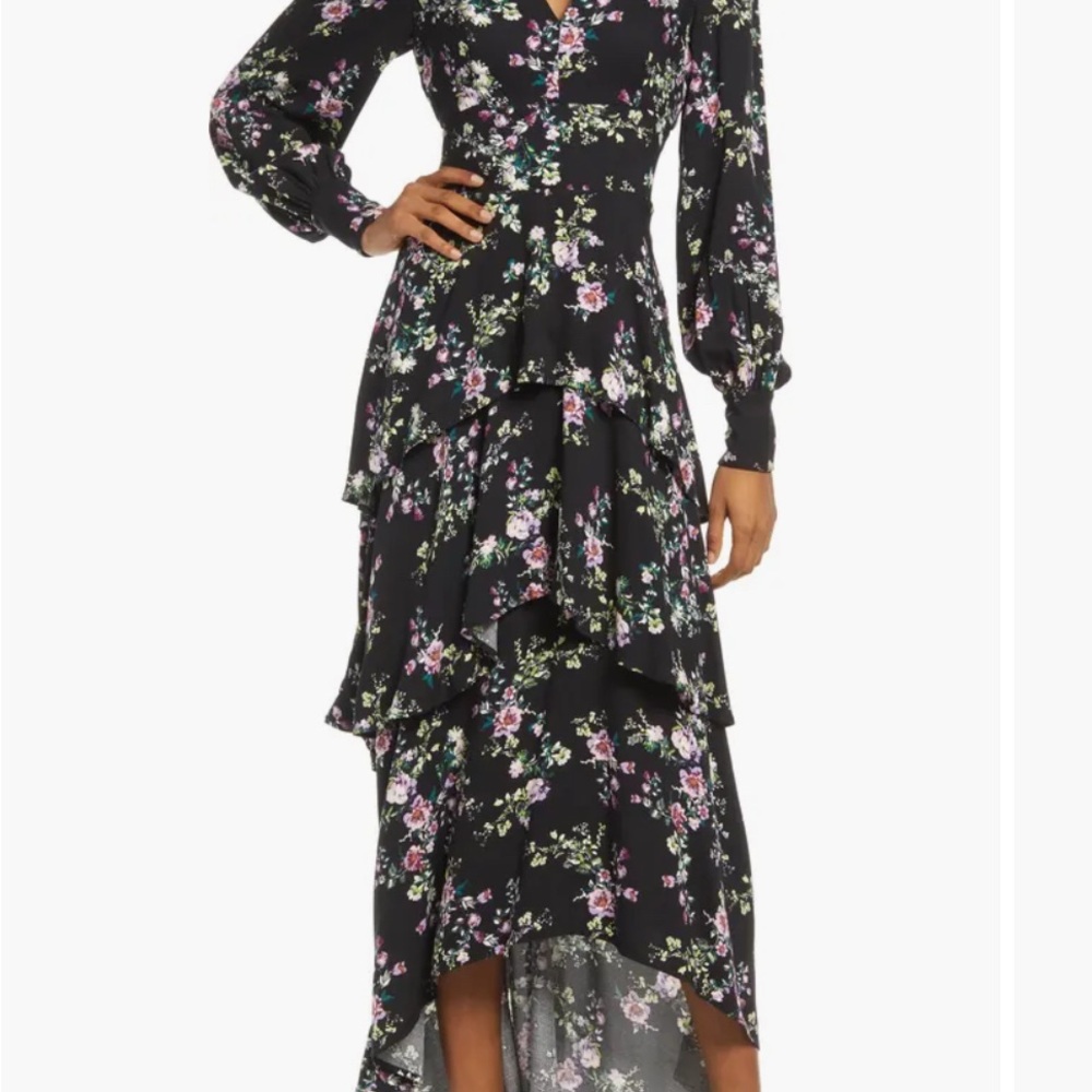 Elegant Black High Low Dress with Floral Design